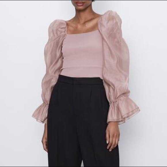Zara Contrasting Organza Top - Pale Pink - Picture 2 of 2
